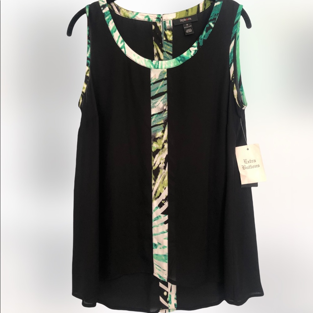 Style & Co Macys Mythical Jungle Black Sleeveless Blouse Green Trim